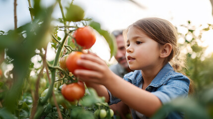 Child girl picking fresh ripe tomatoes from plant on organic farm. Healthy lifestyle outdoor agriculture education natural harvest vegetables growing seasonal produce countryside learning.