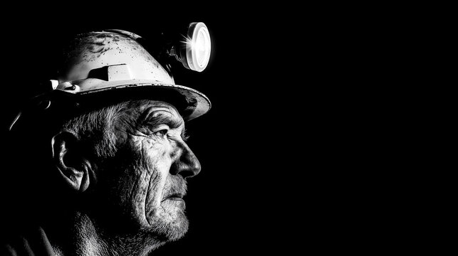 Dramatic black and white portrait of senior miner in profile wearing helmet with headlamp. Weathered face showing experience in underground coal mining industry.