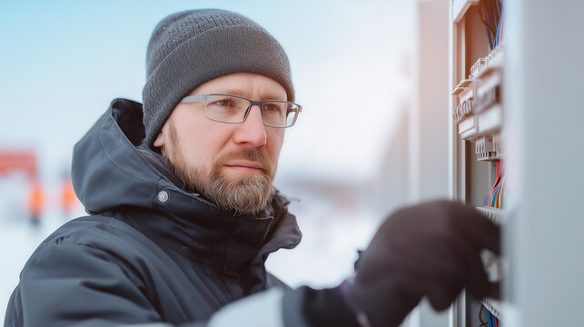 Professional electrician working on electrical panel during cold winter weather. Skilled technician in protective gear performing maintenance and repair work in harsh outdoor conditions.