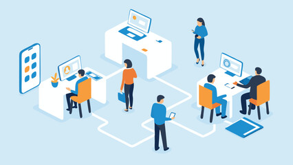 Isometric office scene with people working at desks using computers and mobile devices connected by lines