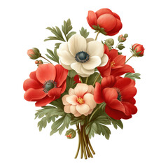 Vibrant Bouquet of Red and White Anemone Flowers with Green Foliage and Buds in a Beautiful Arrangement