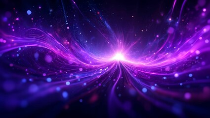 Obraz premium Abstract glowing purple and blue light trails and bokeh particles in a dark cosmic background