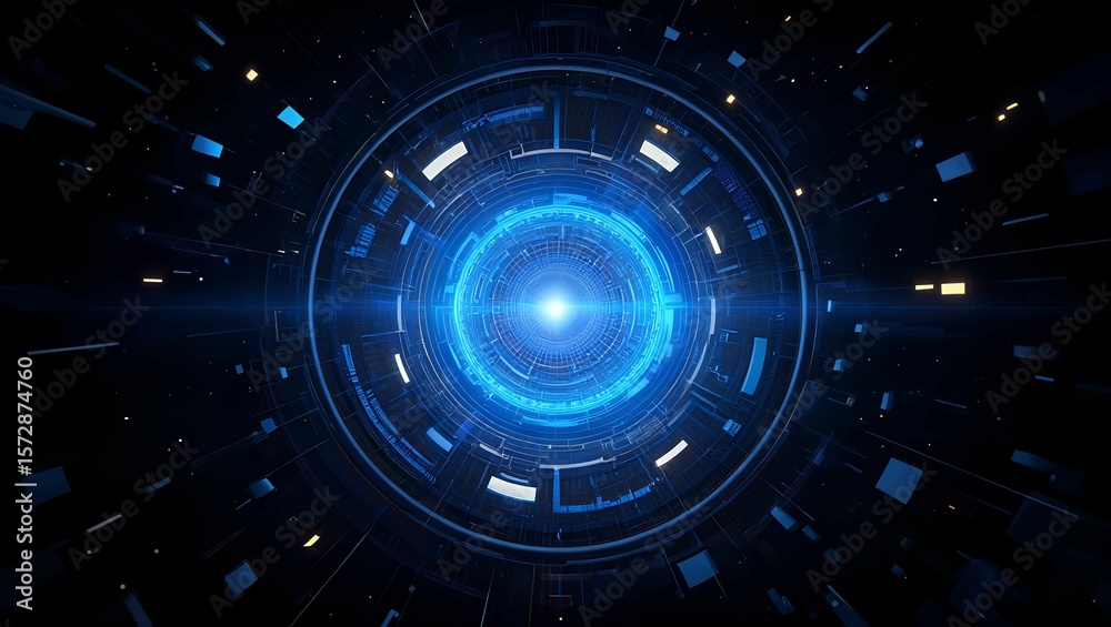 Fototapete abstract futuristic blue glowing circular portal with digital patterns and light streaks in dark spa
