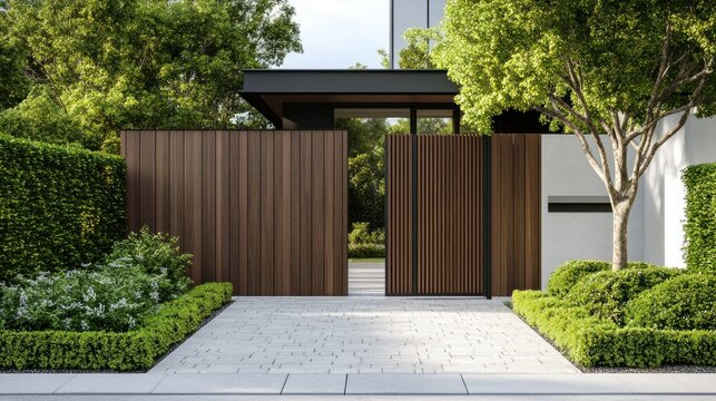 Modern entry with wooden gate and main door