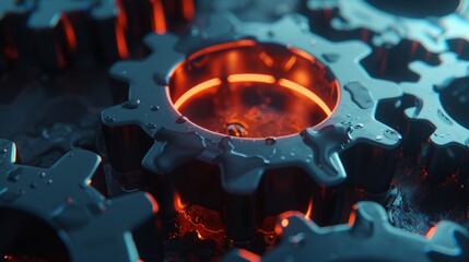 Detailed close up of a gear with oil splashing against a dark background for dramatic effect