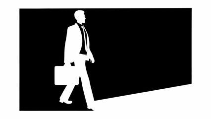 Silhouette of a businessman walking with a briefcase against a black and white background design