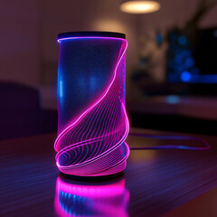 Stylish Smart Speaker with Curved Neon Light Design in Modern Dimly Lit Room
