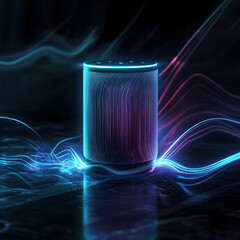 Futuristic Smart Speaker with Glowing Neon Lights and Abstract Digital Sound Waves
