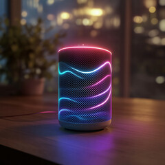 Smart Speaker with Neon Light Waves on Wooden Table in Cozy Modern Interior at Night
