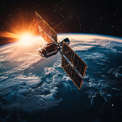 High-Tech Satellite Orbiting Earth at Sunrise with Detailed Cloud and Ocean Surface Below
