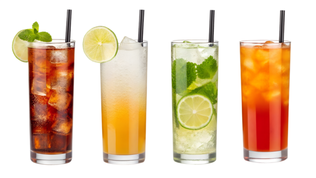 Cocktail transparent PNG set bundle: Cuba Libre, Long Island, Mojito, Paloma, Tequila Sunrise, Screwdriver. Colorful highball drinks with garnishes, isolated on white background.