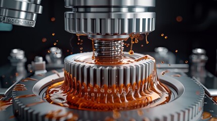 Detailed close up of a gear with oil splash against a dark background for mechanical aesthetic