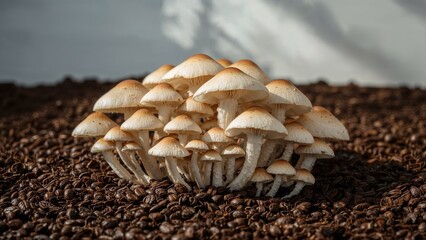 A cluster of mushrooms with light brown caps growing on a bed of dark roasted coffee beans