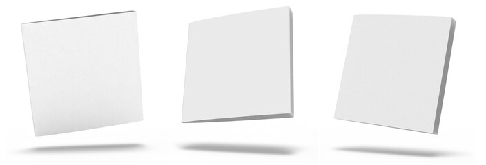 Three square booklets with white blank covers mockup, isolated on a white background.