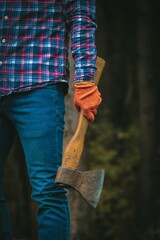 Cropped view of man Lumberjack in plaid shirt and jeans holds axe, ready for work in forest.