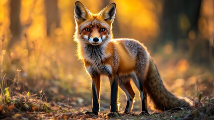 Fototapeta premium Red fox standing alert in autumn forest at sunset