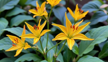 Obraz premium Vibrant Yellow Flowers with Green Leaves in Macro Photograph