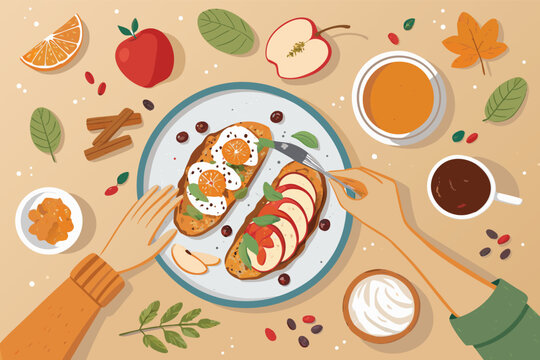 Overhead vector illustration of a couple enjoying a sweet potato dish at a brunch table.