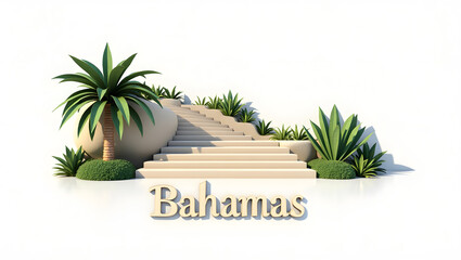 3d illustration of Queen’s Staircase in Nassau with tropical plants and carved limestone steps, and the word 'Bahamas' beneath. Clean white background.