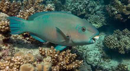 Vibrant turquoise parrotfish swims gracefully through a colorful coral reef, showcasing the beauty of marine life and ocean ecosystems.