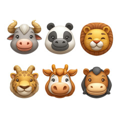Fototapeta premium Cute and Colorful Animal Faces Emoji Collection Featuring Cow, Lion, Panda, Horse, Giraffe, and Goat for Fun Designs
