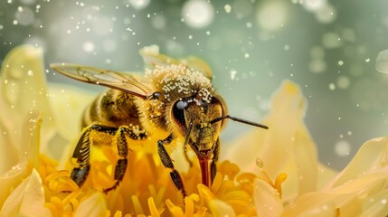 Naklejka premium A honeybee in motion, adorned with pollen as it flies through the blossoming garden