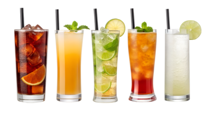 Cocktail transparent PNG set bundle: Cuba Libre, Long Island, Mojito, Paloma, Tequila Sunrise, Screwdriver. Colorful highball drinks with garnishes, isolated on white background.