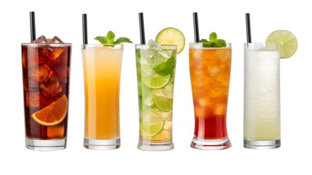 Cocktail transparent PNG set bundle: Cuba Libre, Long Island, Mojito, Paloma, Tequila Sunrise, Screwdriver. Colorful highball drinks with garnishes, isolated on white background.