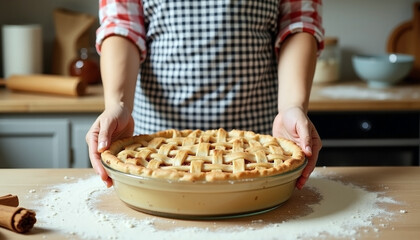 Homemade apple pie presentation in rustic kitchen setting. First baking