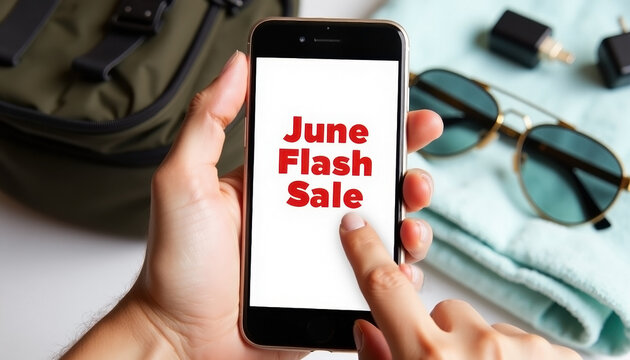 June flash sale ad on smartphone screen with sunglasses, towel, bag, and chargers. Travel shopping. Waiting for discounts