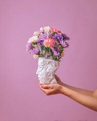 Hands Holding Sculptural Vase with Colorful Flowers on Pink Background