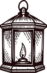 Obraz premium Hand drawn vintage lantern with lit candle, classic engraved illustration isolated on white background