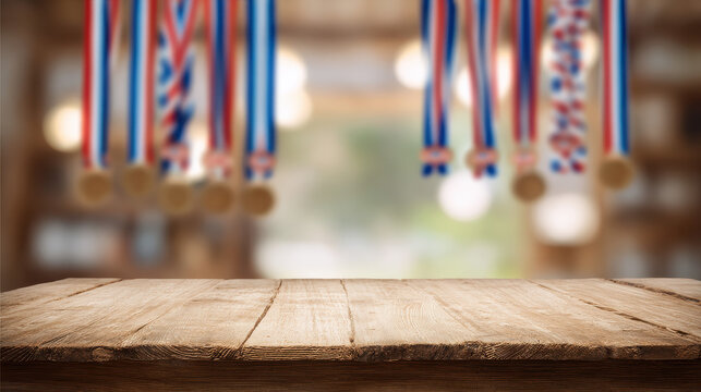 Wooden Table with Blurred Shavuot Background with Patriotic Ribbons and Rustic Decor