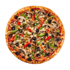 Delicious pizza topped with olives, mushrooms, green and red peppers Isolated on transparent Background.