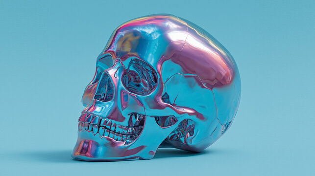 A human skull covered in reflective liquid chrome texture, futuristic metallic art concept with surreal and sci fi aesthetic, symbolizing death and technology fusion.