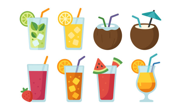 Assorted tropical drinks with fruits, coconut, umbrella, and straws