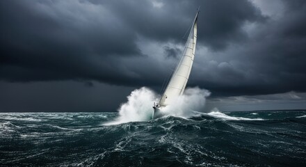 Sailing through a tempestuous storm on the open ocean with dramatic waves and dark clouds overhead