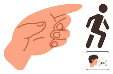 Hand signaling direction, walking person, and facial recognition square in action. Ideal for navigation, control, human interaction, decision-making, identification, security simple flat metaphor