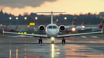 Private Jet on Runway at Sunset