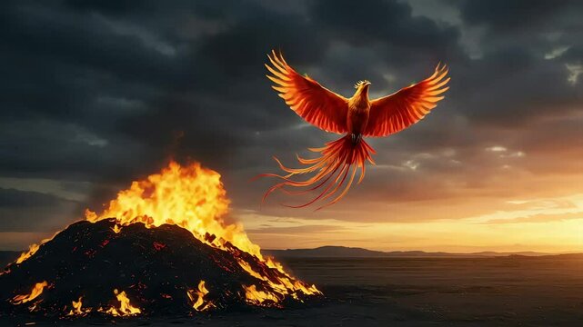Majestic phoenix rising from fiery volcano at sunset, symbolizing rebirth and resilience