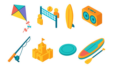 Colorful summer beach activities and equipment icons in modern illustration style