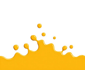Glossy yellow paint splash rising from the bottom edge with droplets scattered above on white background. Concept of creativity, motion and bold abstract design element