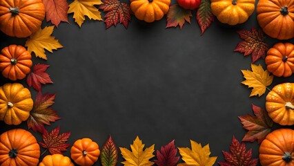 Autumn harvest pumpkins and colorful maple leaves frame a dark background