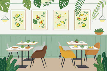 Obraz premium A stylish vector vegan restaurant interior featuring lush greenery walls and a healthy dining ambiance.