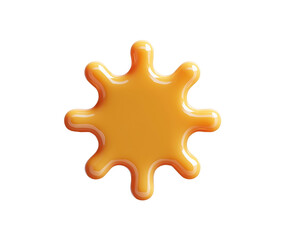 Glossy orange splash with rounded radial arms on white background, resembling juice or paint drop. Concept of playfulness, freshness and minimal liquid design
