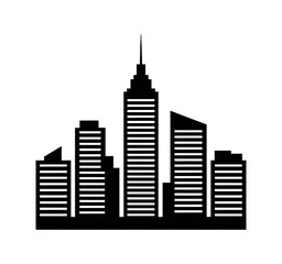 Obraz premium A minimalist black and white cityscape silhouette illustration of modern high-rise buildings on a transparent background.