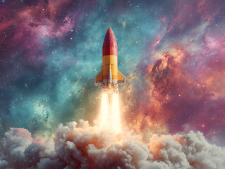 Colorful rocket launching through vibrant galaxy background