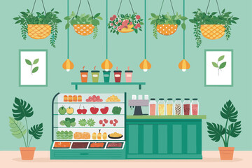 Vibrant vector illustration of a vegetarian cafe offering fresh smoothies and fruit.