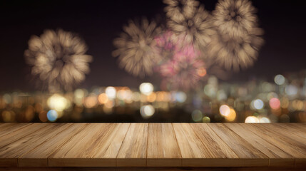 Wooden table with blurred rooftop background  balcony scene and fireworks on New Year&rsquo;s Eve