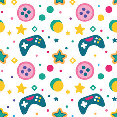 Playful gaming pattern with colorful buttons, stars, and game controllers